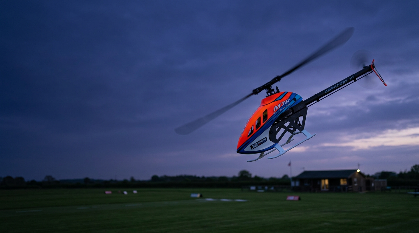 OMPHOBBY M7R flying over an English airfield at dusk